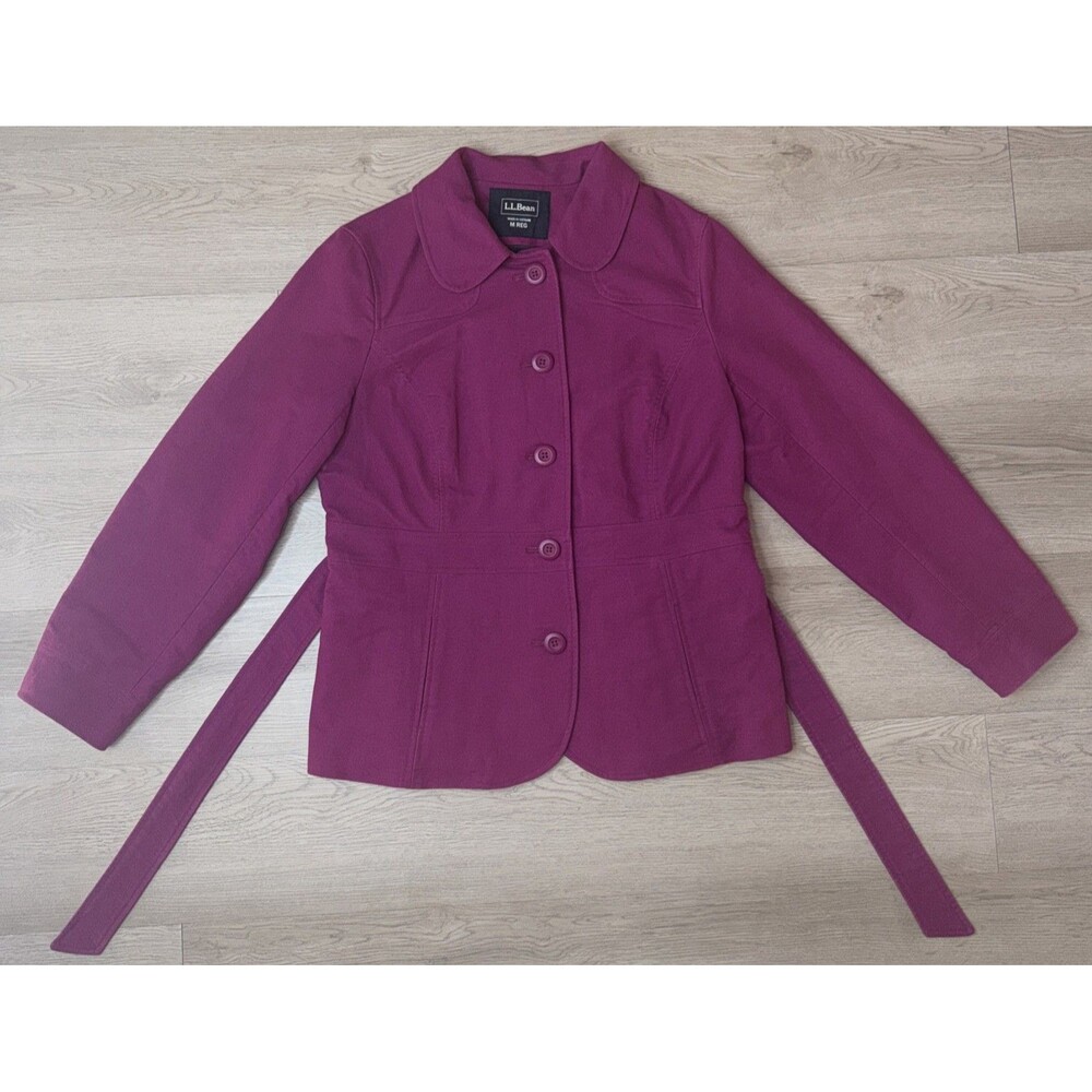 L.L. Bean Womens M Fuchsia Pink Soft Jacket Peter Pan Collar Button Front Belted